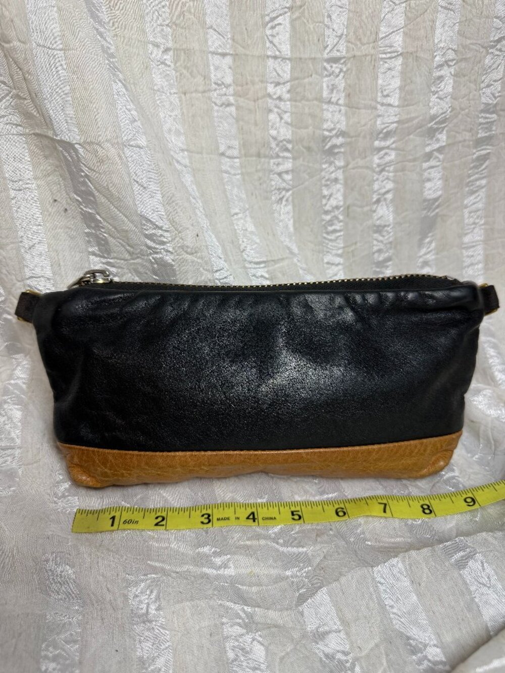 Rais Case Black Leather & Tan Contrast Pouch Makeup Bag Clutch